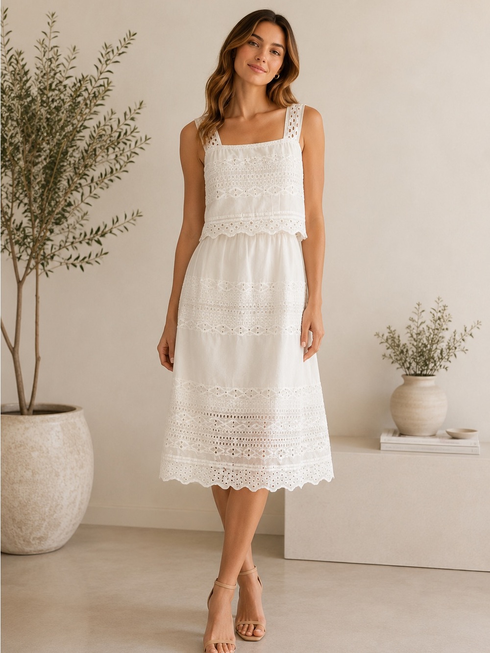 J.CREW White Eyelet Lace Tiered Midi Dress Scalloped Hem Sleeveless Sz 2
